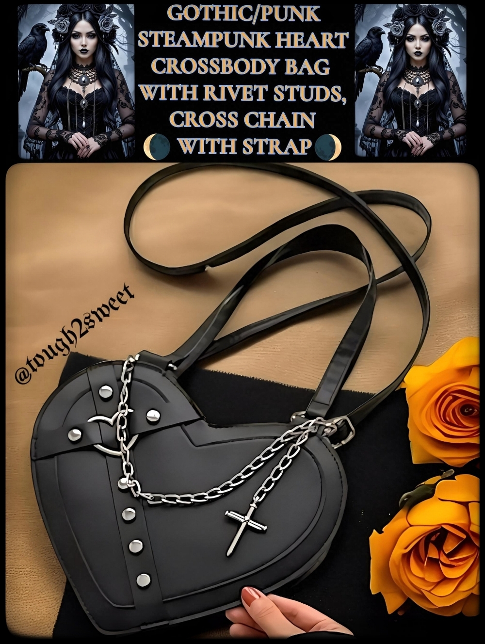 🆕LAST 1🌹GOTHIC~PUNK HEART CROSSBODY BAG/ STUDS, RIVETS, CHAIN WITH CROSS